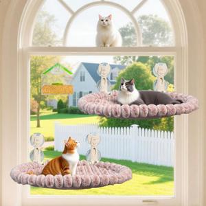 2-Pack Cat Window Perch & Hammock with Free Window Bird Feeder - Exquisite Soft Wool Fleece, Safe & Comfortable Design with 4 Strong Suction Cups - Ideal for Large Cats (Pink, Large)