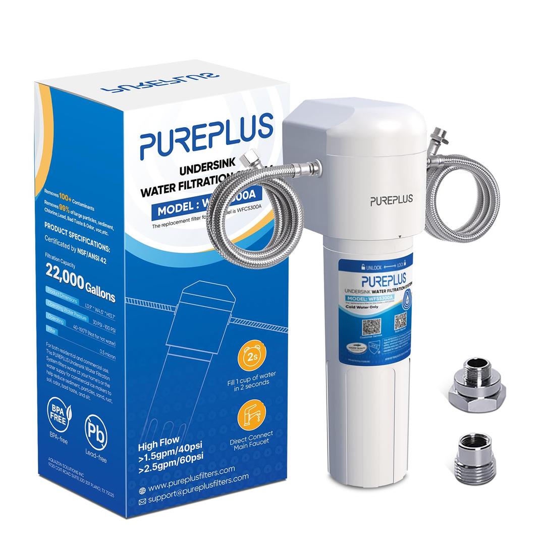 PUREPLUS Under Sink Water Filter System, 22000 Gallons, 99.99% Chlorine Reduction, NSF/ANSI 42 Certified, Removes Heavy Metals, Chlorine, Direct Connect Under Counter Water Filtration System