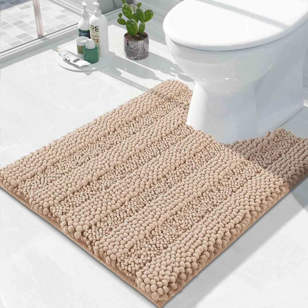 Yimobra Toilet Rugs U Shaped Washable 24 x 20, Non Slip and Super Absorbent Toilet Mat, Quick Dry, Ultra Luxury Microfiber Chenille Plush Fluffy Contour Bath Rugs for Toilet Base, Beige