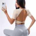 SweatyRocks Women's Twist Open Back Athletic Shirt Short Sleeve Crew Neck Workout Crop Tops (Beige, L)