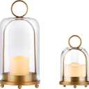 6" & 4" Wide Versatile Modern Metal Hurricane Lantern with Handmade Sturdy Glass Dome in Vintage Brass for Pillar Candle & Plants, Industrial, Farmhouse, Shabby Chic (Brass, 4"x7.5" &6.3"x11.2")