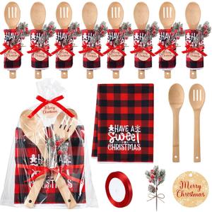 Pinkunn 8 Set Christmas Kitchen Gifts Bulk Xmas Dish Towels and Wooden Spoons Pine Picks Thank You Tag Ribbon Holiday Cooking Utensils Housewarming Gifts for Neighbor Employee Kitchen Xmas (Festive)