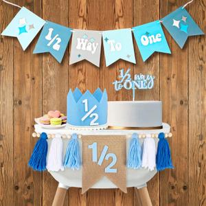 1/2 Birthday Boy Half Birthday Decorations  4PCS Blue 6 Month Party Set with 1/2 Way to One Banner, Halfway High Chair Banner, Cake Topper and Hat for 6 Month Baby Boy Photo Shoot Decor