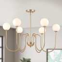 Modern Glass Golden Chandelier Light Fixture Vintage 6-Lights Chandeliers with Milk Frosted Glass Mid Centry Modern Gold Chandelier for Dining Room, Kitchen Island, Living Room, G9