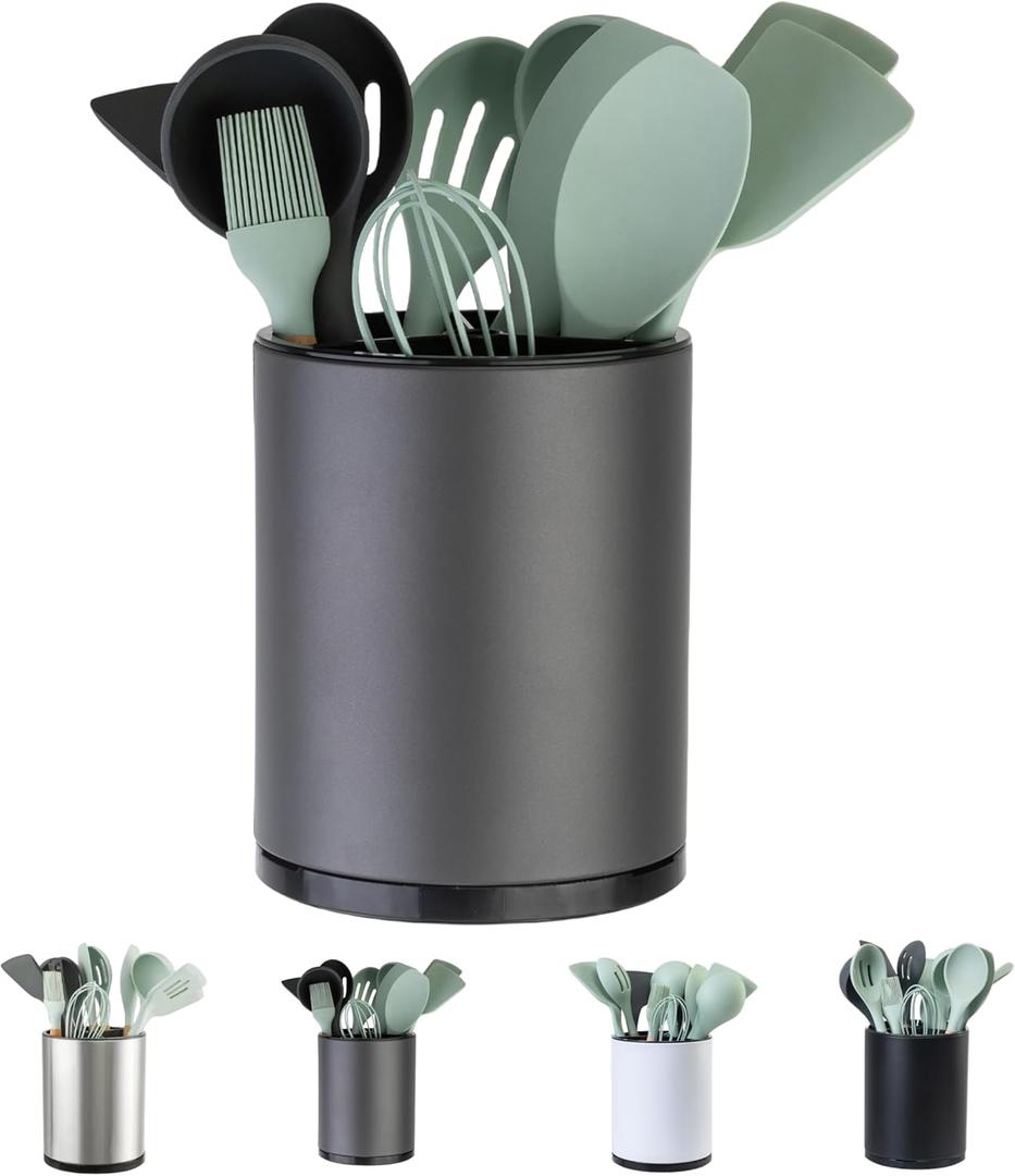 Kitchen Utensil Holder Extra Large 360Rotating For Counter Organizer Stainless Steel Storage Cooking Silverware Caddy 3 Compartment Flatware Spoon Spatula Tool Cutlery Container(Grey)