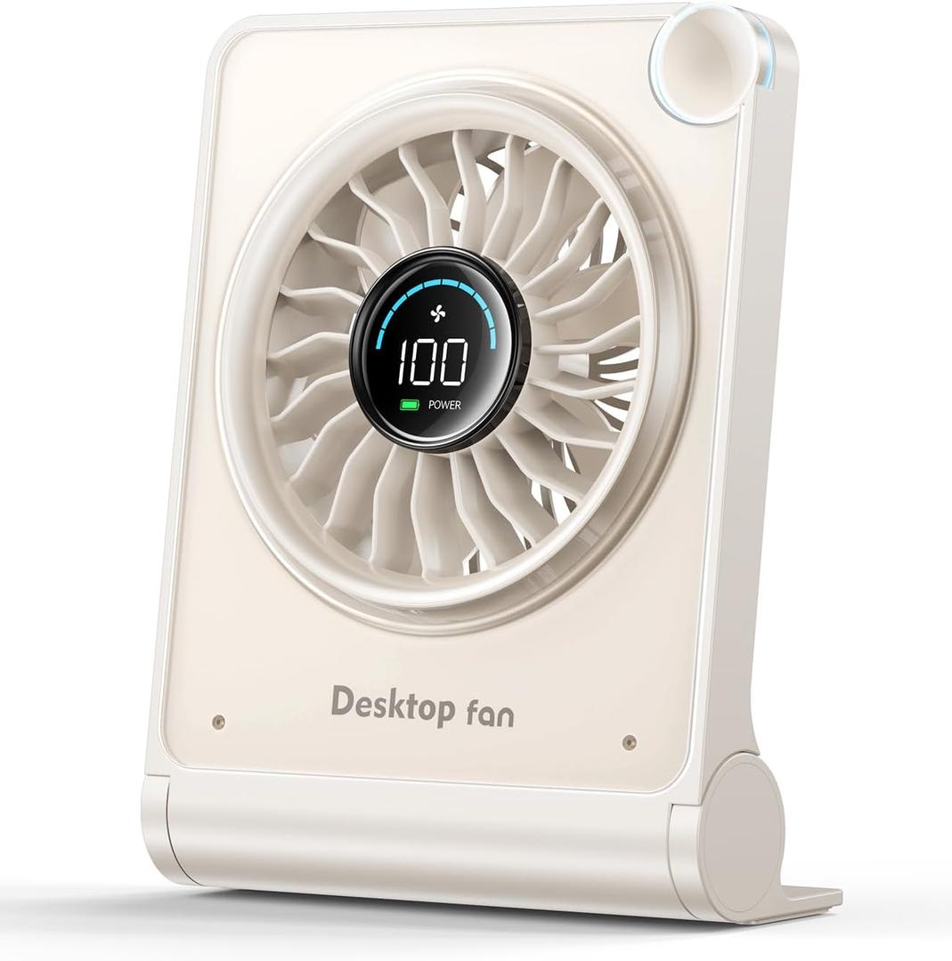 Small Desk Fan, Quiet Portable Table Fan with 100 Speeds, 12 Hrs Cooling, Strong Airflow, Digital Display, 180 Adjustable, Rechargeable Desktop Fan for Bedroom Office Cruise Travel, White