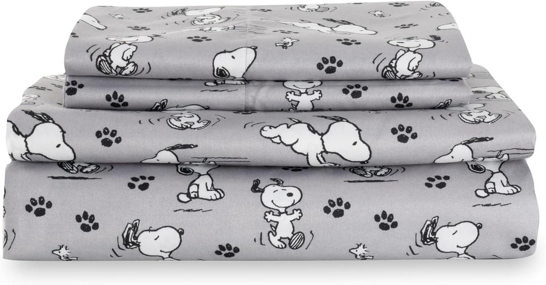 Berkshire Blanket Peanuts Kids Sheet Set Queen Size - 4 Pieces,Cute Character Snoopy Printed Soft Microfiber Bed Sheets,Peanuts Poses and Paws Grey