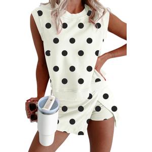 KevaMolly Womens Lounge Sets Ribbed Trim Polka Dot Print Tank Split Mini Skort 2pcs Set Sleeveless Polka Dot Sets XL