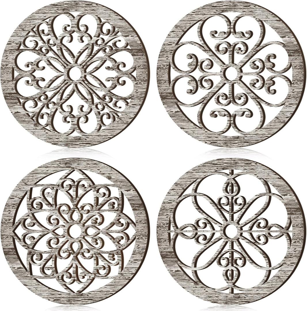 Yulejo 4 Pcs Thicken Rustic Wall Decor Farmhouse Kitchen Wall Round Art Wooden Hollow Carved Design Rustic Art for Living Room Bedroom Hallway Decor (15.7 x 15.7 Inch,Retro White)