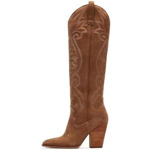 VOMIRA Knee High Cowboy Boots for Women Pointed Toe Chunky High Heels Pull-on Embroidered Boots Western Boots Wide Calf Cowgirl Boots, Size 7,5