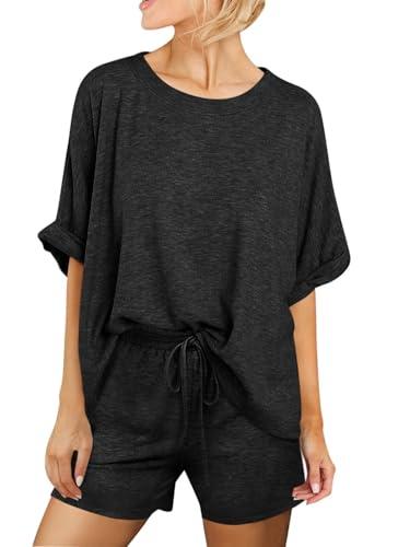 Tankaneo Womens 2 Piece Sets Summer Outfits 2026 Two Piece Lounge Set Pajamas Oversized T-shirts Drawstring Shorts Sets Black, L