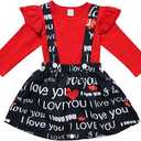 XFGLCK Toddler Baby Girls Valentine Outfit Ruffle Long Sleeve Shirt Tops +Heart Print Suspender Skirt 2Pcs Set 100 size