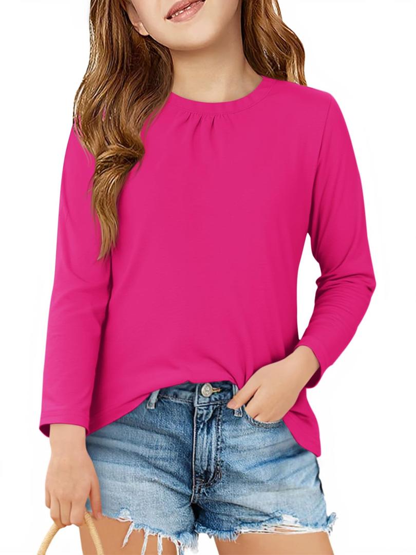Haloumoning Girls Long Sleeve Tees Kids Casual Crewneck Pleated T Shirts Cute Fall Tops 5-14 Years Rose Red