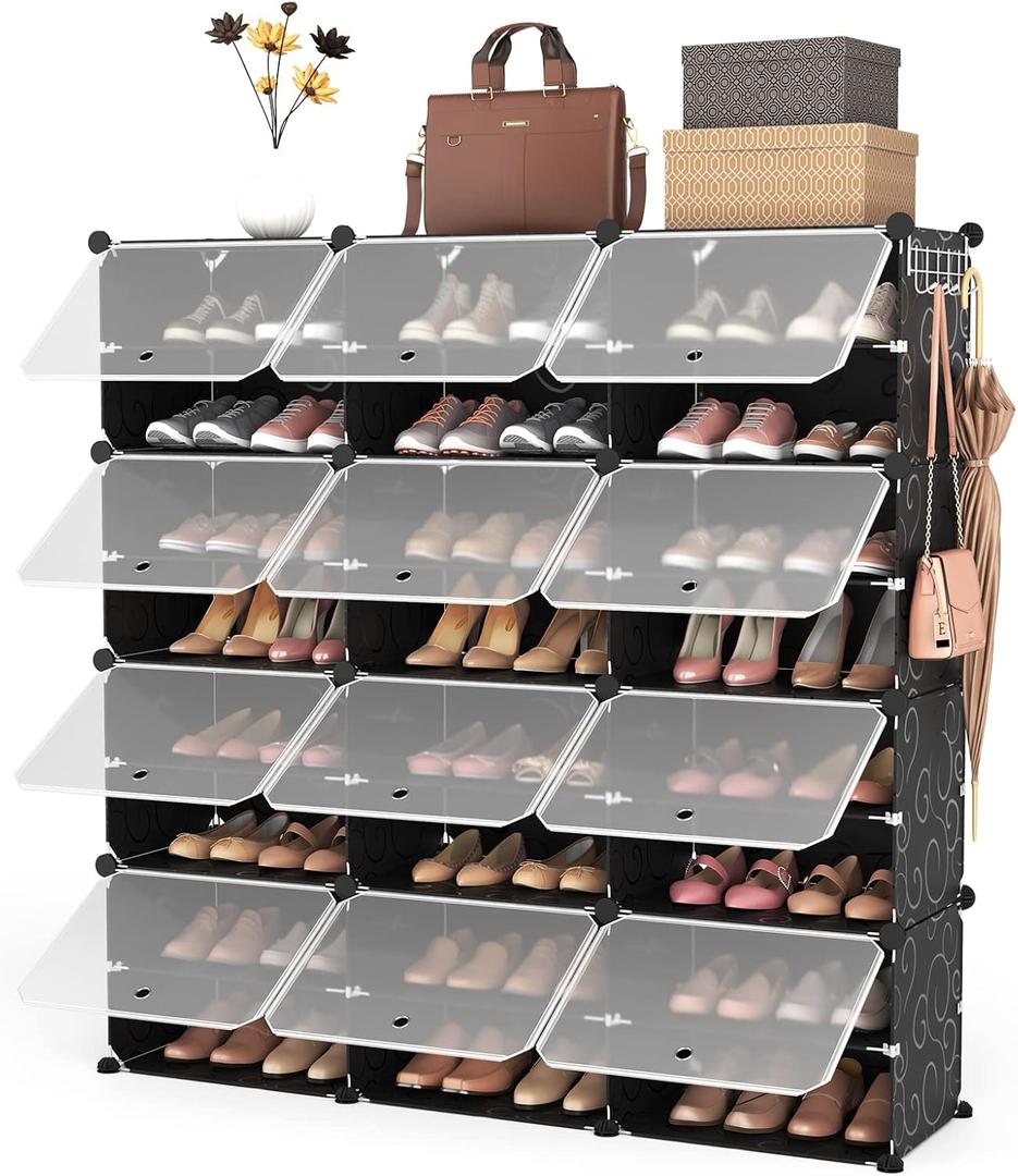 ROJASOP Portable 8-Tier Shoe Cabinet - 48-Pair Shoe Organizer with Expandable, Free Standing, Stackable Space Saving Design and 2 Exclusive Versatile Hooks for Bedroom (3 By 8 Black)