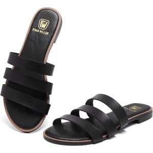 Women's Flat Sandals Dressy Open Toe Round Toe Slide Sandals Comfortable Casual Beach Slip on Slippers for Summer (Black)