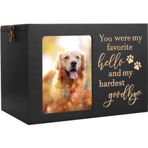 Pet Memorial Urns for Dog or Cat Ashes, XLarge Wooden Funeral Cremation Urns with Photo Frame, Keepsake Memory Box with Black Flannel Lining