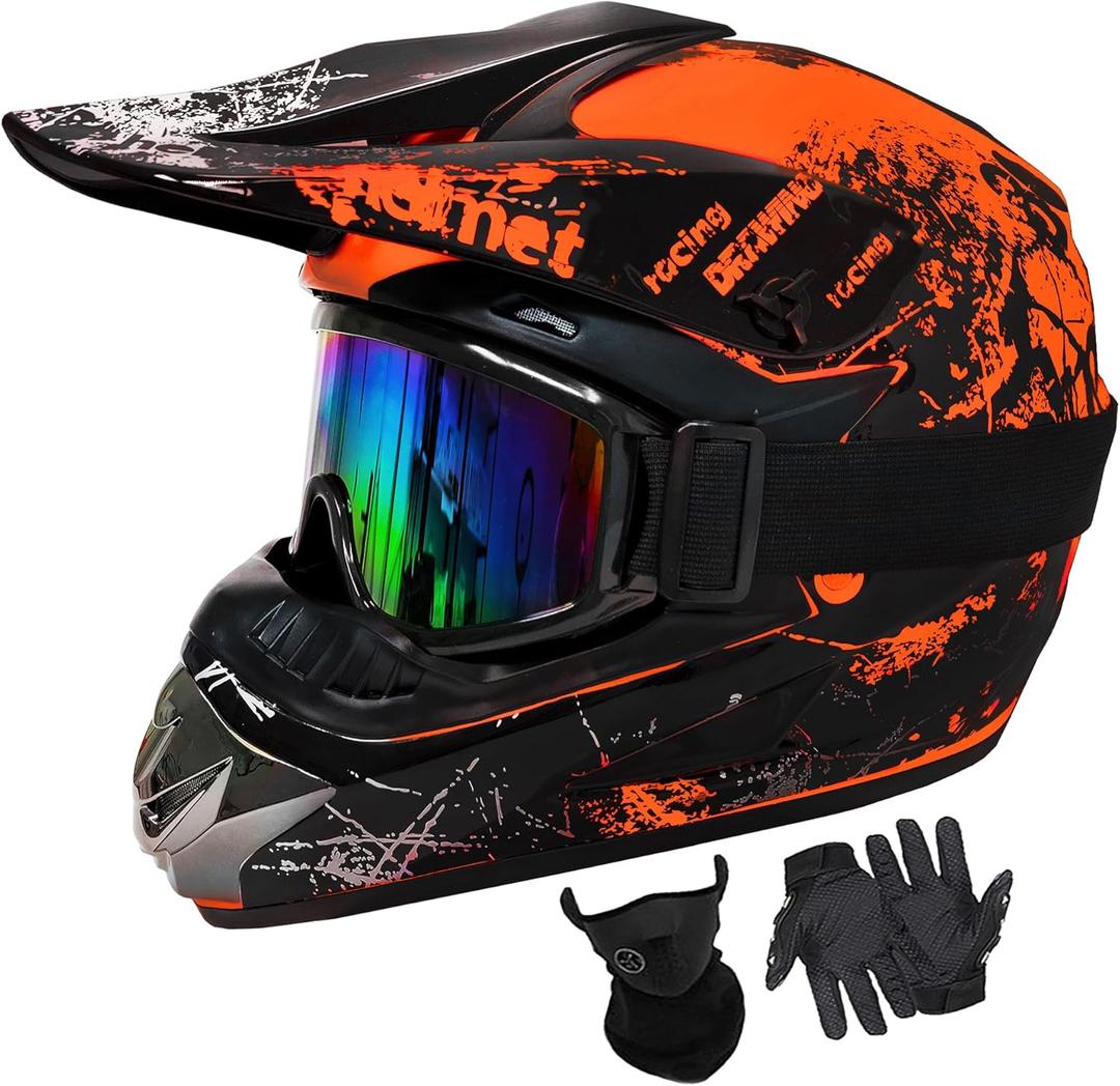 Youth Dirt Bike Helmets DOT Approved Fashion Kids Motocross, ATV, Off-Road, Four Wheelers, BMX Motorcycle Bike Helmets (Goggles Gloves Faceshield) (Medium)