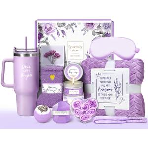 Birthday Gifts for Women Self Care Get Well Soon Gifts, Lavender Relaxing Spa Gift Basket - Care Package w/ Luxury Flannel Blanket & 40 oz Tumbler, Mother's Day Christmas Gift for Mom Her Wife Sister