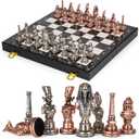 Large Egyptian Metal Chess Set for Adults with Travel Foldable Marbling 15-Inch Chess Board - Weighted Metal Chess Pieces- Luxurious Chess Sets for Collectors Family Vintage Board Game