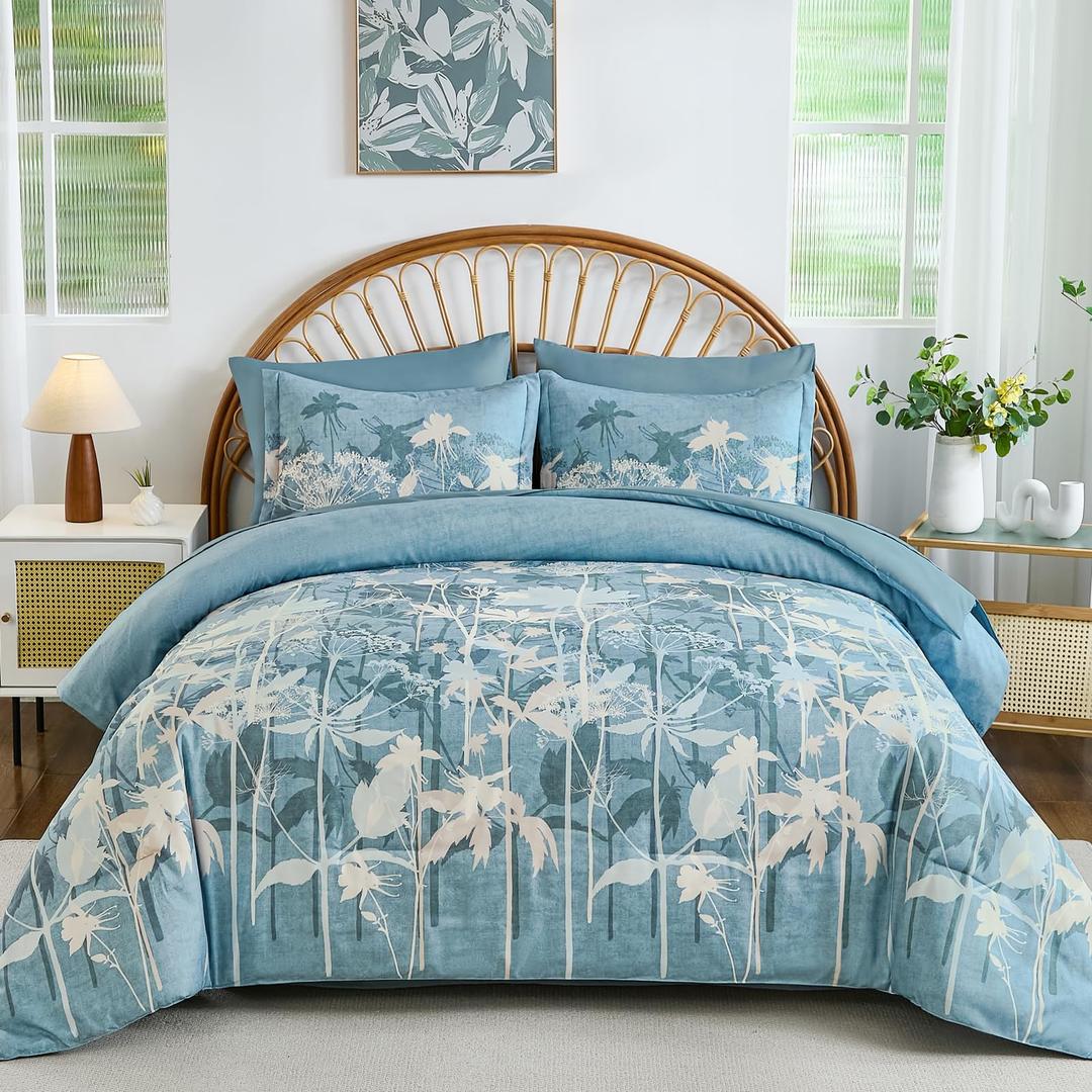 Drucon Blue Floral Comforter Set King Size, 7 Piece Dandelion Botanical Plant Comforter Bedding Set, Bed in a Bag King, Soft Microfiber Complete Bedding Set with Sheets for All Season