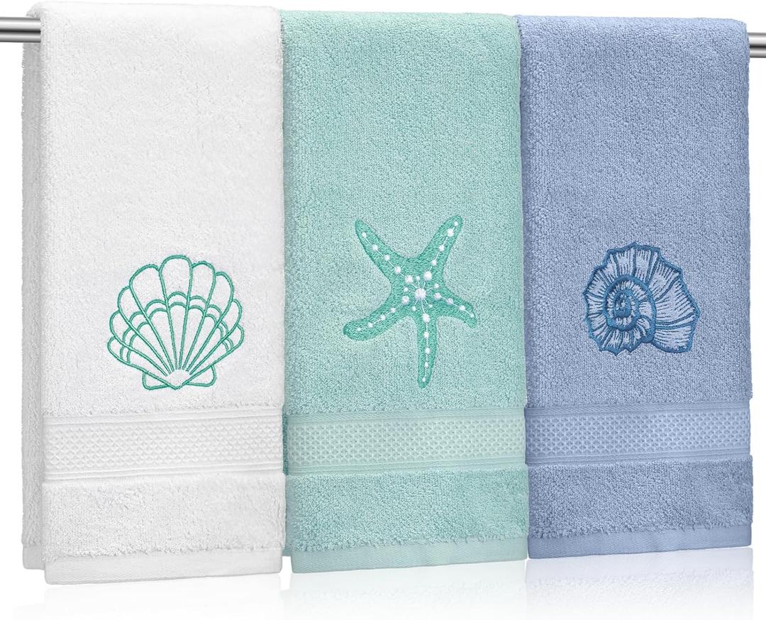 3 Pack Coastal Hand Towels for Bathroom 100% Cotton Embroidered Bathroom Towels 13.78 x 29.53 Inch Soft Absorbent (Classic,Ocean)