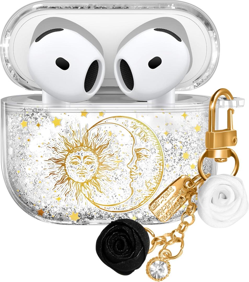 For Apple for Airpods 4 Case 2024 - Quicksand Liquid Elegant Cute Aesthetic Funda Mujer Girl Women Sparkling Sparkle Glitter Bling Sparkly Sun Moon Keychain Girly for Airpod 4 Case Cover