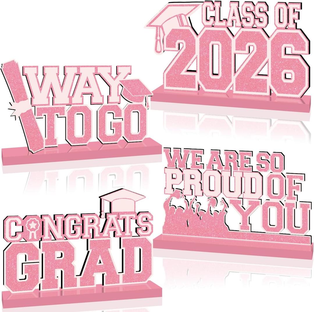 4Pcs Pink Rose Gold Graduation Decorations Class of 2026 Wooden Centerpieces for Tables Congrats Grad Table Topper Congratulations Tiered Tray Decor for 2026 Graduation Party Decorations Supplies