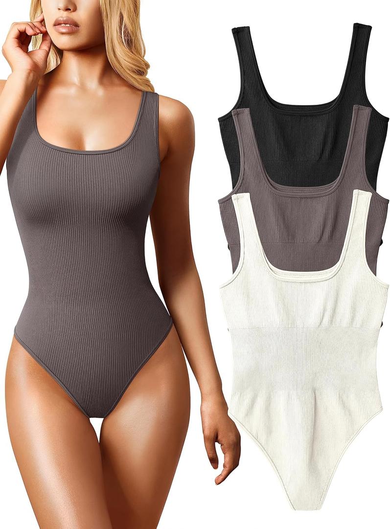 OQQ Women's 2 Piece Bodysuits Sexy Ribbed Sleeveless Square Neck Tank Tops Leotard 2025 Trendy Outfits (XX-Large,Tea Beige)
