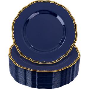 Hioasis 60pcs Blue Plastic Plates - Blue and Gold Disposable Dinnerware with Gold Rim, Heavy-duty, 7.5 inch, Dessert Plates for Party & Christmas