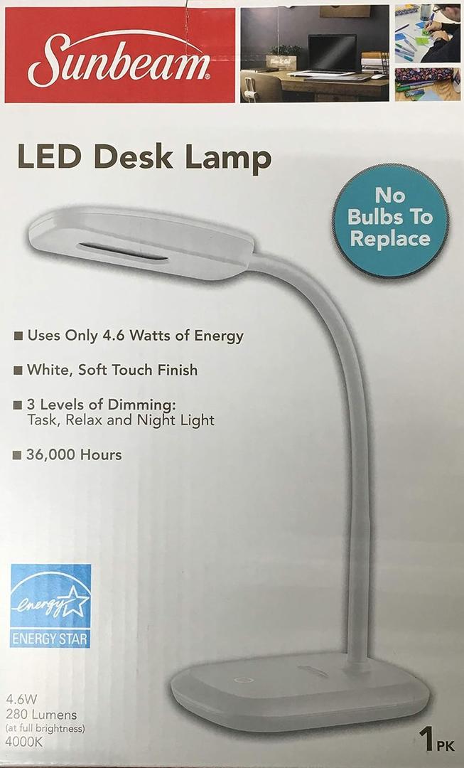 New SUNBEAM Flexible Neck LED Desk LAMP Adjustable Light Energy Star (White)