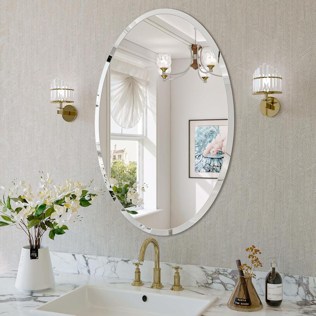 Frameless Oval Mirror, 18"x26" Beveled Oval Bathroom Mirrors, Wall Mounted Vanity Mirror for Bedroom, Entryway, Living Room, Hangs Horizontally or Vertically