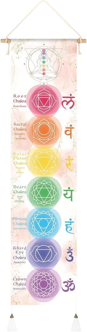 Hanging Poster Canvas Wall Art Banner for Meditation 7 Chakras Yoga Painting | Wall Hanging Tapestry Decoration Black and White | 33 x 135 cm (White)
