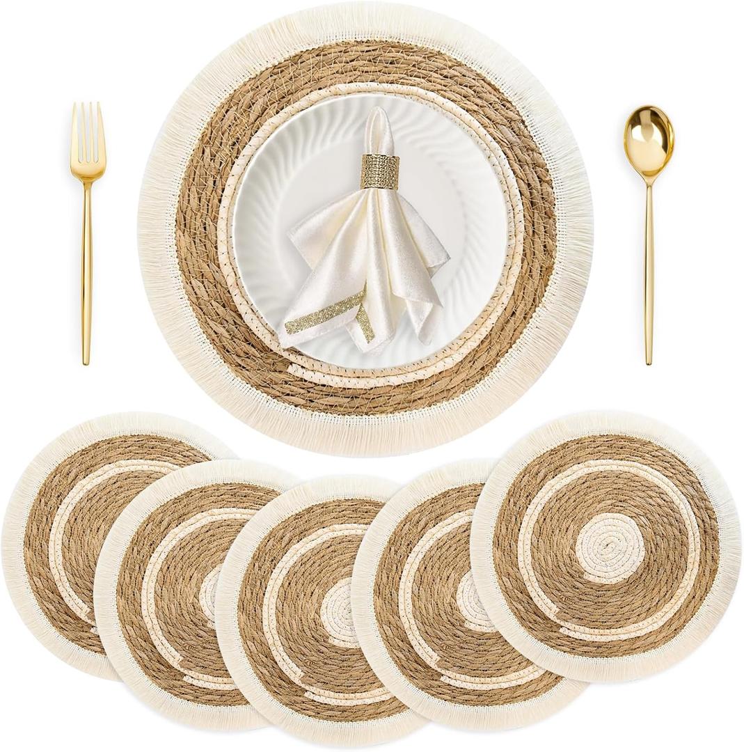 Bohemian Woven Place Mats Set of 6, Heavy Duty Gourd Grass with Stitched Edges for Wedding Christmas Dining Table Decor, 11.6'' Round Heat Resistant