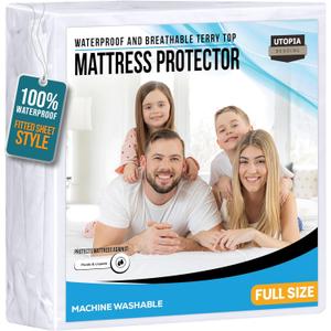 Utopia Bedding Waterproof Mattress Protector Full Size, Premium 200 GSM Terry Mattress Cover, Soft & Breathable Bed Cover, Fitted Sheet Style with Stretchable Deep Pockets 15" (White)