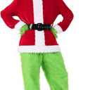 Christmas Green Costume for Men 7 Pcs Furry Adult Santa Claus Costume Mask Santa Suit