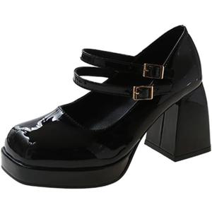 Ulalaza Womens Platform Mary Janes Dress Pumps Chunky Platform Shoes Patent Leather Gothic Lolita Sweet Toe Ankle Size 7