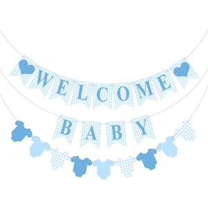 Hahafelt 1 Pcs Blue Gingham Welcome Baby Banner for Party Decorations Blue Pre Strung Baby Shower Gender Reveal Paper Banner for Table, Wall or Mantel Display Party Decor Supplies
