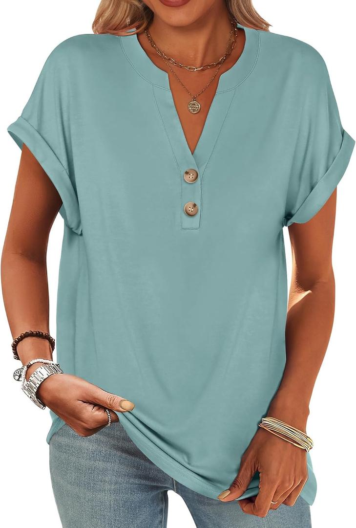 ANRABESS Womens Short Sleeve Henley Tops V Neck Dressy Casual Blouses Summer Trendy Tee Shirts 2026 Vacation Fashion Clothes (X-Large, Cadet Blue)