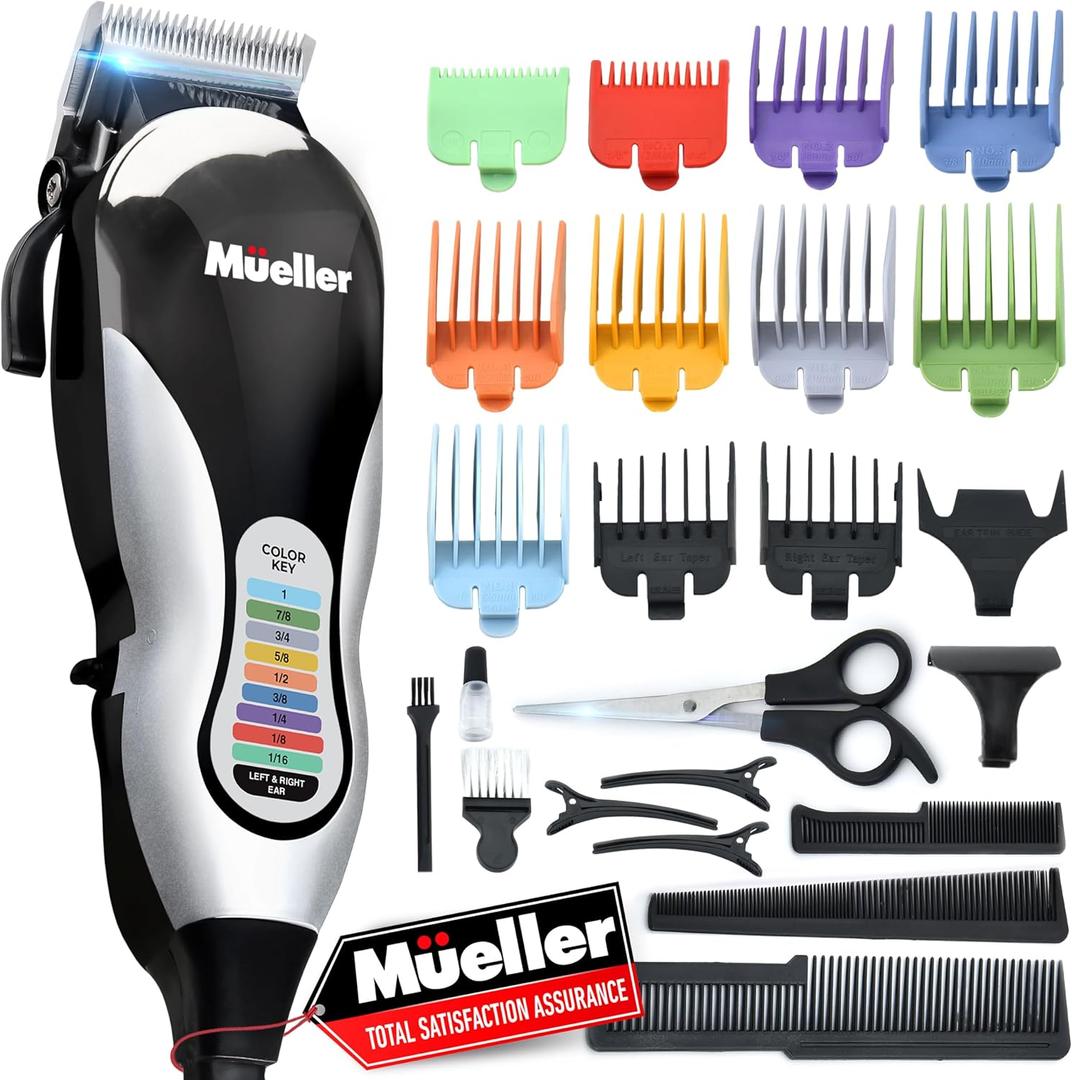 Mueller Ultragroom Professional Hair Clippers for Men with Colored Design, Hair Trimmer for Men, 12 Guide Combs, Trimmer for Hair, Beards, Head, Body, and Face