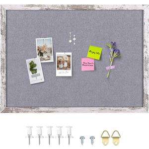 Aitakatta Gray Felt Bulletin Board, 35.4x23.6 inches Decorative Hanging Bulletin Boards for Walls with White Rustic Wood Frame, Pin Board Vision Board for Office Home School with Pins (6090, WH, 1pc)