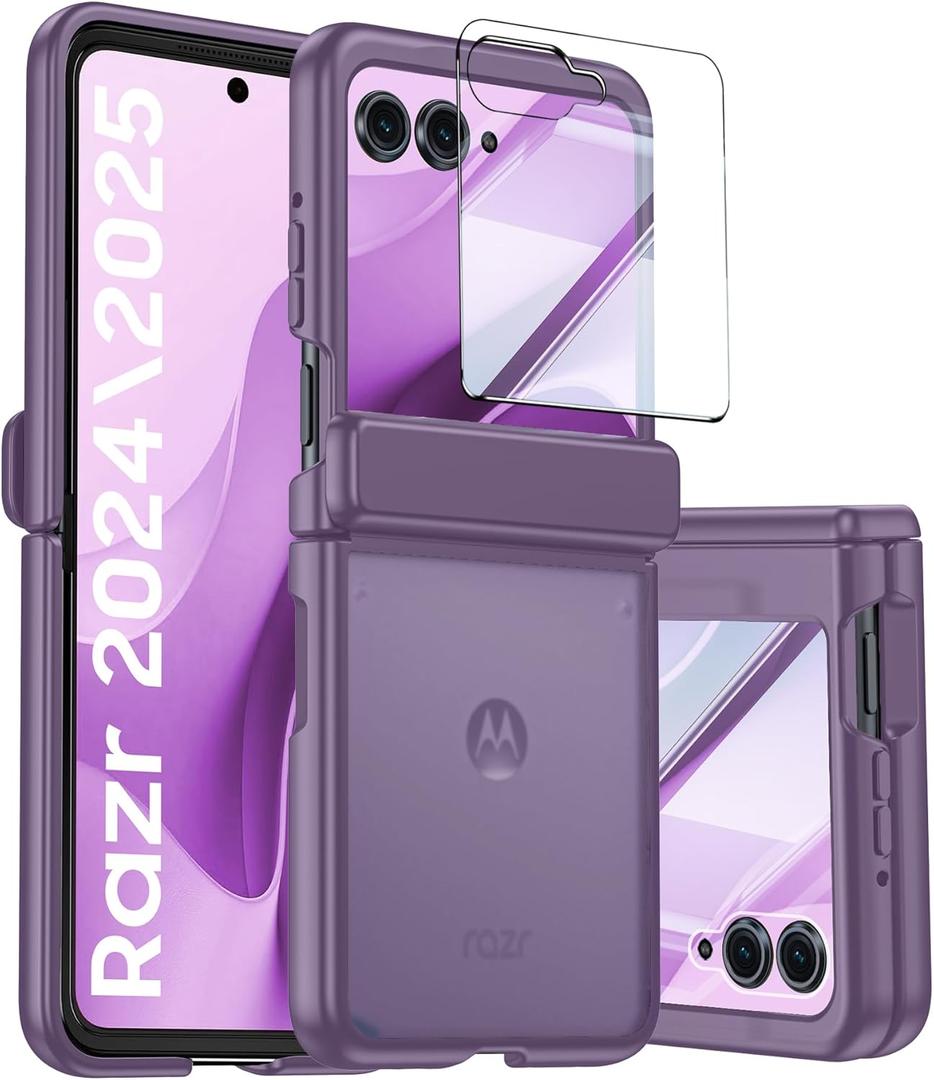 for Motorola Razr 2025 Case/Razr 2024 Case with Hinge Protection, Screen Protector, Ultra-Thin Skin Feel Translucent Frosted, Shockproof Cover for Razr 2025/2024-Purple (NOT for Plus/Ultra)