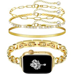 Slim Gold Band and 3Pcs Bracelet Set for Women Feminine Elegant Compatible with Apple Watch 42mm(S3/2/1)/44/45/46/49mm Adjustable Metal Dressy Strap for iWatch Series 11/10/9/8/7/6/5/4/SE/Ultra 3/2/1