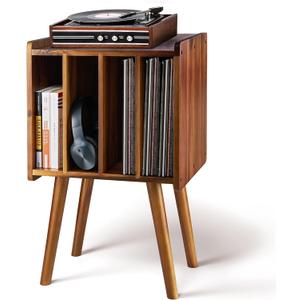 2BHOME Wooden LP Record Player Stand with 4 Cabinets, Holds up to 100 Vinyls, Metal Record Storage Holder and Organizer Table, Classical Design for Files/Book (Mid-Century Modern) (Warm Acacia)