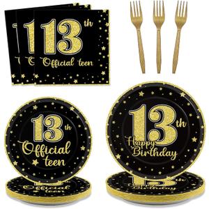 96 Pieces 13th Birthday Tableware Set Official Teenager 13th Disposable Plates Black Gold Birthday Party Plates Napkins Forks for Teenager Boys Girls 13 Year Old Party Favor 24 guests