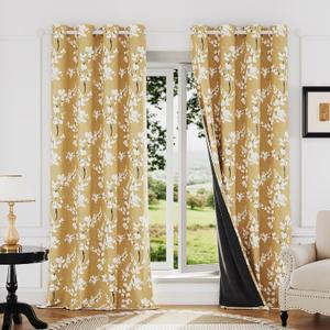 FMFUNCTEX 100% Blackout Floral Curtains for Bedroom, Mustard Yellow Curtain 84 inches Long Blossom Patterned for Living Room, Thermal Insulated Farmhouse Drapes, Grommet Top 2 Panels (White on Yellow)