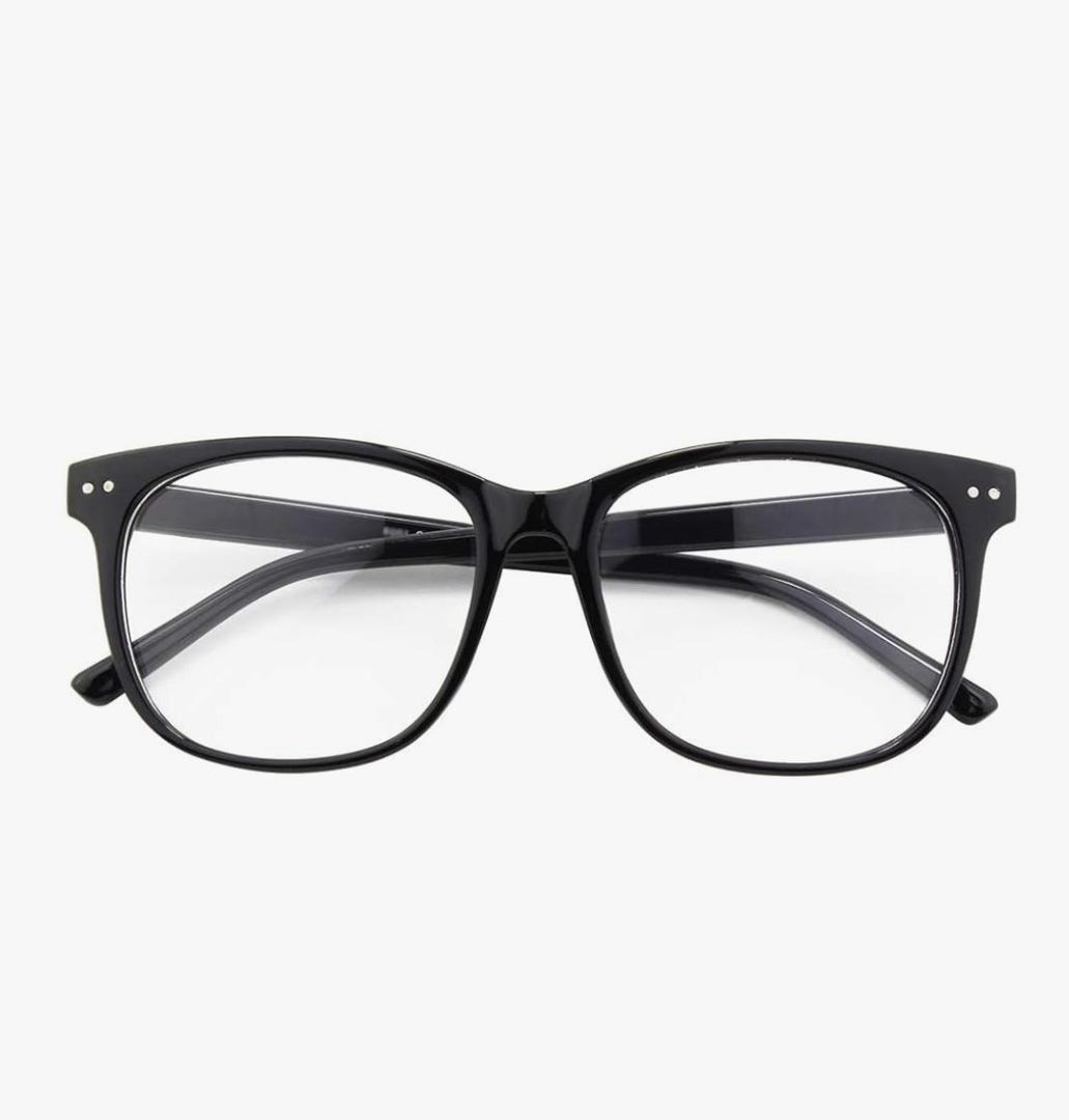 GQUEEN Fake Non Prescription Glasses Clear Lens for Women Men Oversized Frame UV400 Protection, Glossy Black