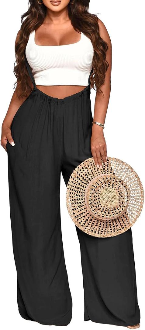 Nimsruc Womens Jumpsuit Casual Loose Sleeveless Adjustable Spaghetti Straps Wide Leg Pants Baggy Overalls With Pockets (Large, 730-Black)