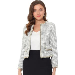 Allegra K Women's Plaid Tweed Blazer Long Sleeve Open Front Work Office Short Jacket, XS