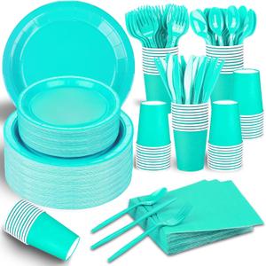 TWOWYHI 228PCS Teal Blue Party Supplies Set Include Paper Plates Cups Teal Blue Napkins Plastic Spoons Forks Knives for 30 Guests Disposable Party Dinnerware for Birthday Wedding Family Picnic (Teal Blue)