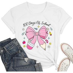 100 Days of School Shirt for Women-Happy 100th Days T-Shirt-Bow Pencil Teacher Top Tee Back to School Teaching Life Tee White, XL 